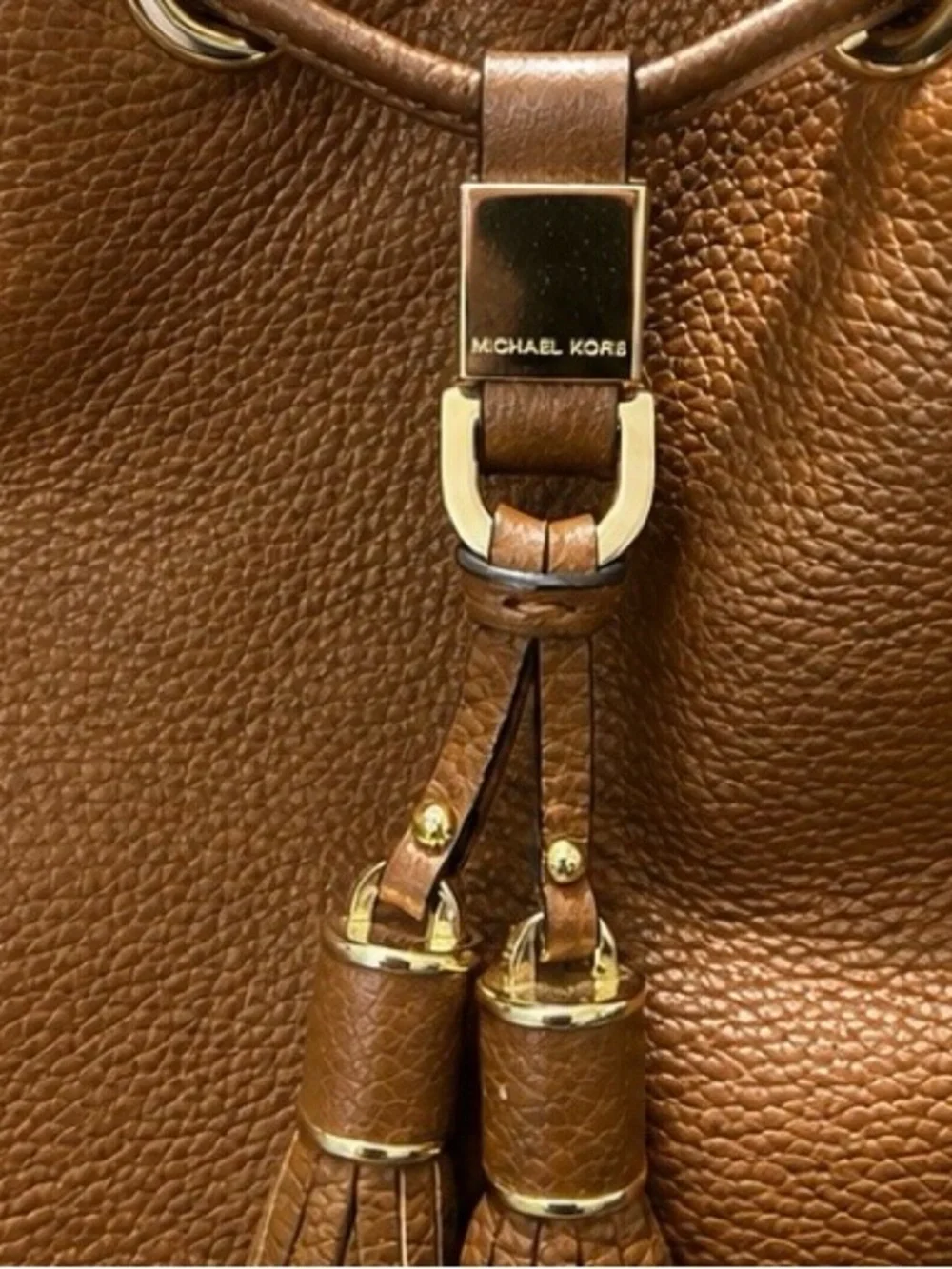 Michael Kors Cognac Brown Pebbled Leather Drawstring Tassel Tote Bag